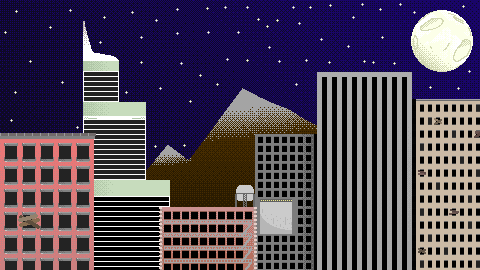 Pixel art of a city. The windows of the buildings link to different pages on the site.